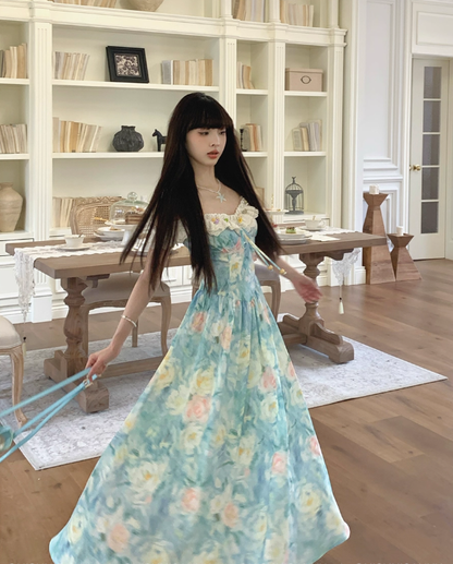 Blue Print Floral A Line Straps Satin Long Evening Dress Party Dress Outfits DP3424