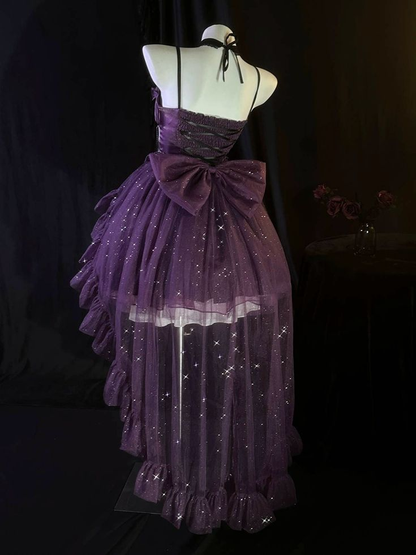 Vintage Purple Princess Tulle Hi-Low Ruffles Prom Dress Shiny Party Dress DP479