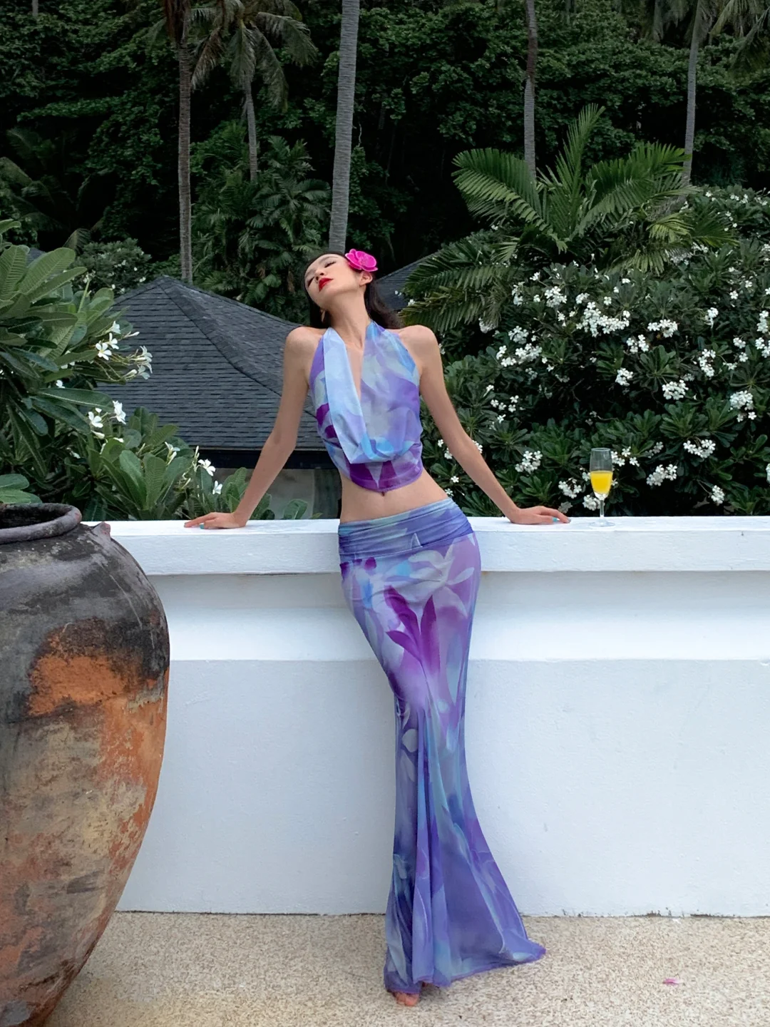 Two Piece Mermaid Halter Purple Print Floral Chiffon Long Prom Dress Outfits DP3849