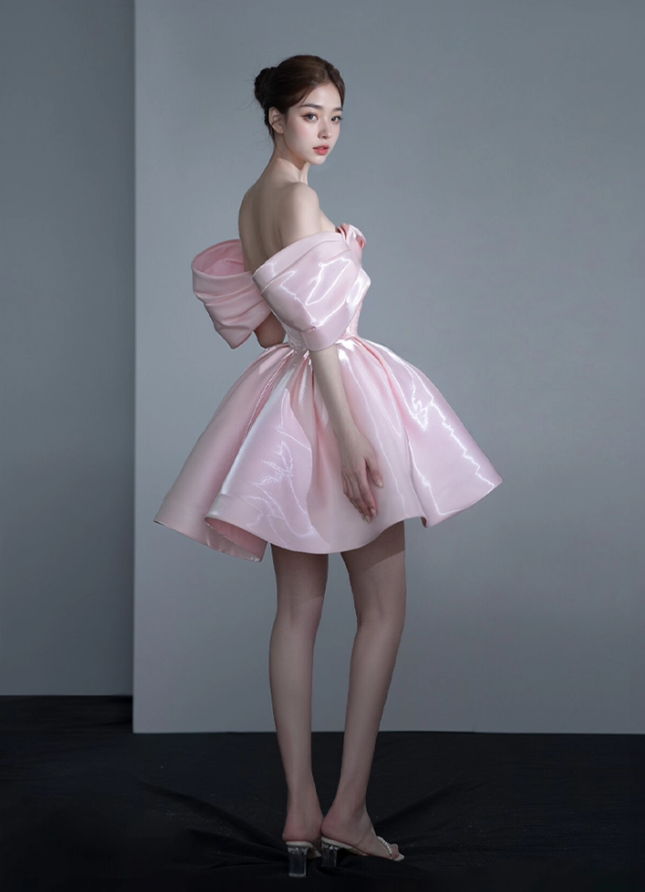 Stunning A Line Off the Shoulder Pink Satin Short Homecoming Dress Birthday Dress DP3650