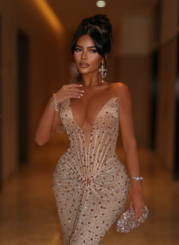 Sexy Sheath V Neck Exquisite Rhinestone Corset Tulle Satin Long Prom Dresses DP4624