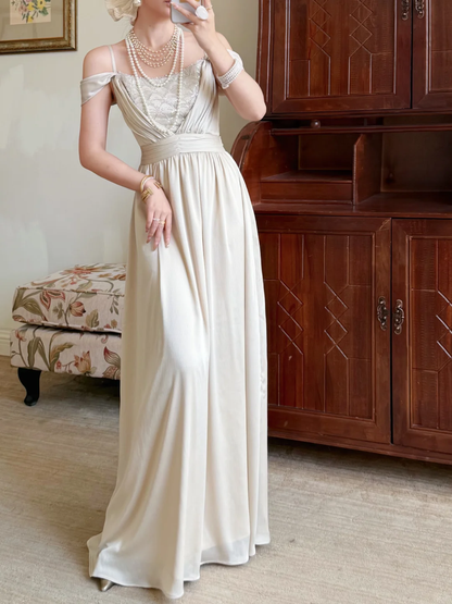 Pretty A Line Spaghetti Straps Beaded Satin Long Prom Dress Evening Dress DP6790
