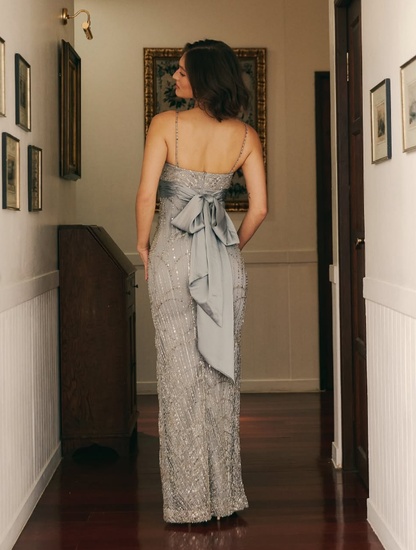 Grey Sheath Spaghetti Strap Sequin Tulle Satin Long Prom Dress Evening Dress DP4767