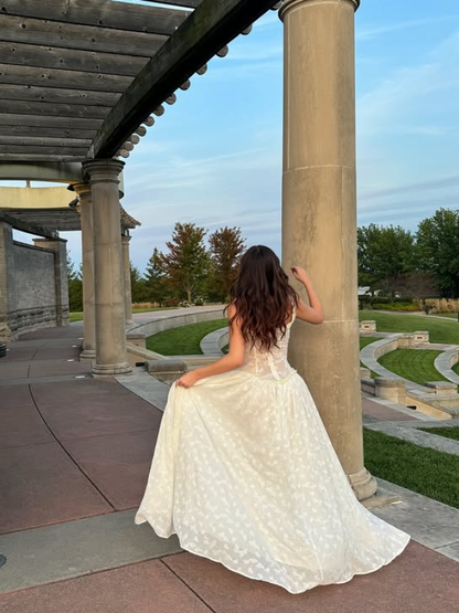White A Line Spaghetti Straps Satin Long Prom Dress Evening Dress with Slit DP1479