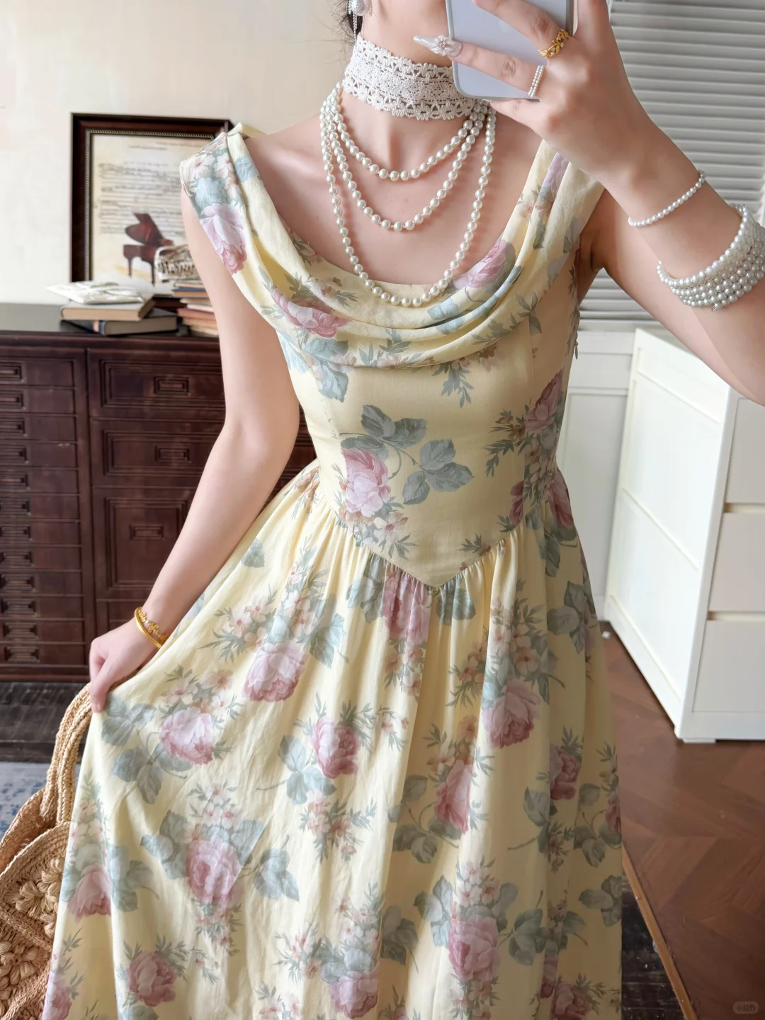 Pretty Light Yellow A Line Print Flower Satin Long Prom Dress Evening Dress DP5645