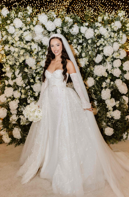 Gorgeous Sweetheart Neck Long Sleeve Beaded Lace Tulle Long Sweep Wedding Dress DP1868