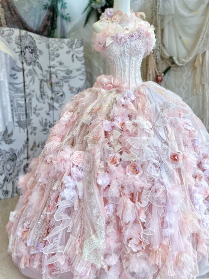 Pink Ball Gown Strapless Floral Beaded Layered Tulle Prom Dress 16th Birthday Dress DP3770