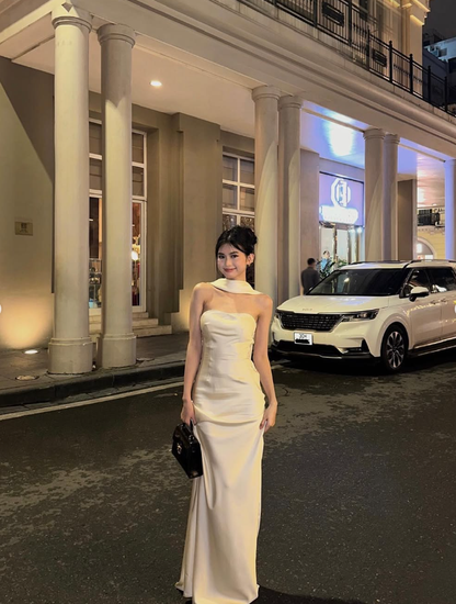 Elegant Sheath Strapless Ivory Satin Long Prom Dress Evening Dress DP4017