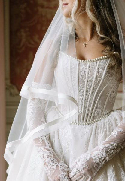 Pretty Ball Gown Strapless Corset White Pearl Lace Long Train Wedding Dress DP5828