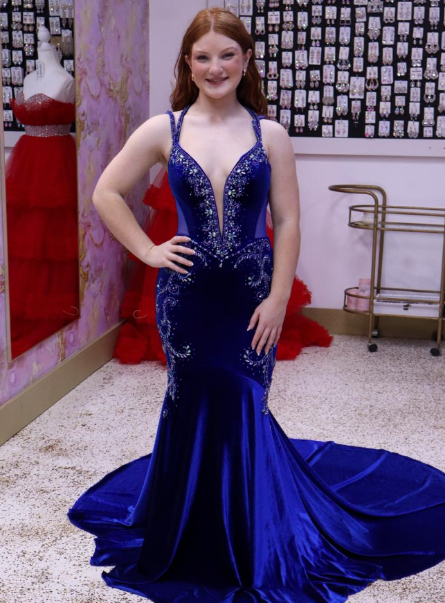 Elegant Dark Blue Mermaid Straps Beaded Velvet Long Prom Dress Evening Dress DP6567