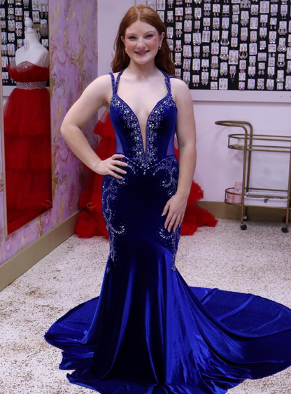 Elegant Dark Blue Mermaid Straps Beaded Velvet Long Prom Dress Evening Dress DP6567