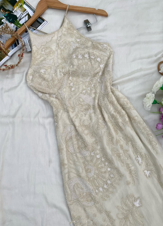 Vintage A Line Halter Beaded Ivory Satin and Chiffon Prom Dress Evening Dress DP1375