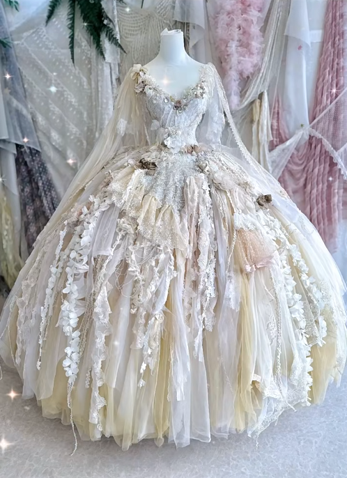 Exquisite Light Apricot Ball Gown V Neck Floral Lace Tulle Prom Dress 18th Birthday Dress DP4147