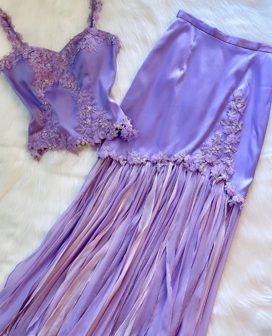 Two Piece Vintage Sheath Spaghetti Strap Appliques Purple Satin Evening Dress DP1544