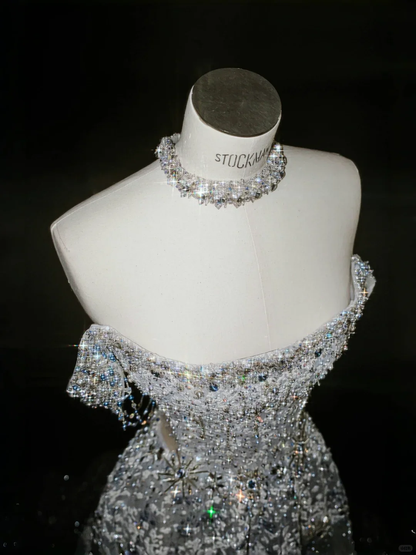 Shiny A Line Off the Shoulder Sequin Rhinestone Tulle Prom Dress Party Dress DP2684