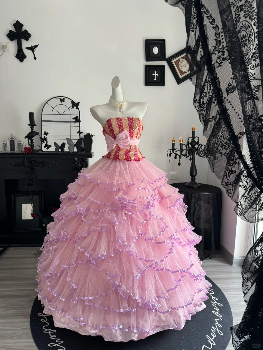 Sweety Pink Ball Gown Strapless Sequin Layered Tulle Prom Dress Quinceanera Dress DP6952