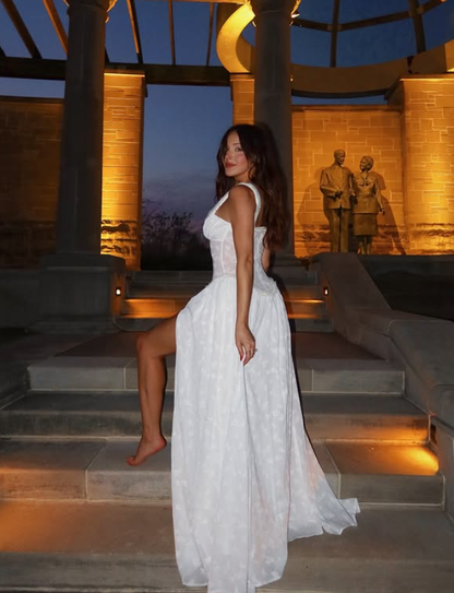 White A Line Spaghetti Straps Satin Long Prom Dress Evening Dress with Slit DP1479