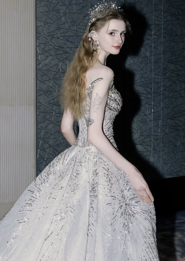 Silver Sequin Ball Gown V Neck Exquisite Beaded Tulle Long Prom Dress DP4389