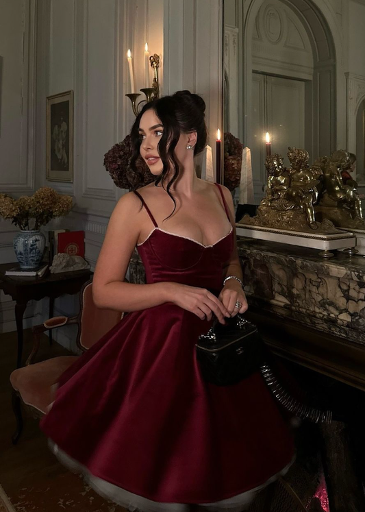 Burgundy A Line Spaghetti Straps Velvet Short Homecoming Dress Evening Dress DP1287