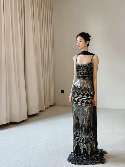 Stunning A Line Straps Exquisite Beaded Black Chiffon Long Prom Dress Party Dress DP4466