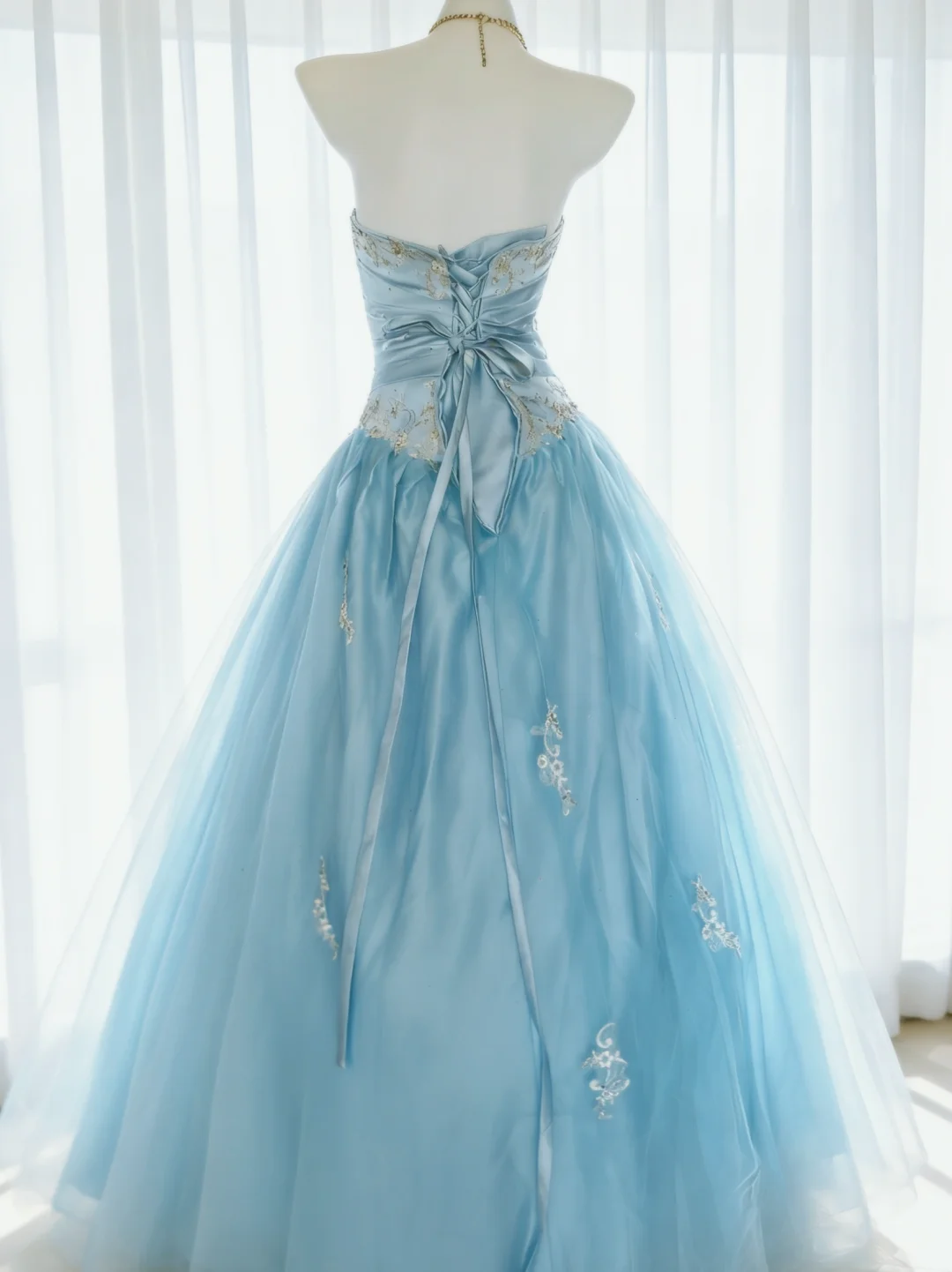 Vintage A Line Strapless Beaded Baby Blue Satin Tulle Prom Dress Evening Dress DP4726