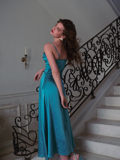 Simple Elegant A Line Spaghetti Strap Blue Satin Party Dress Evening Dress DP2745