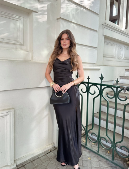 Black Sexy Sheath Spaghetti Straps Satin Prom Dress Outfits DP4928