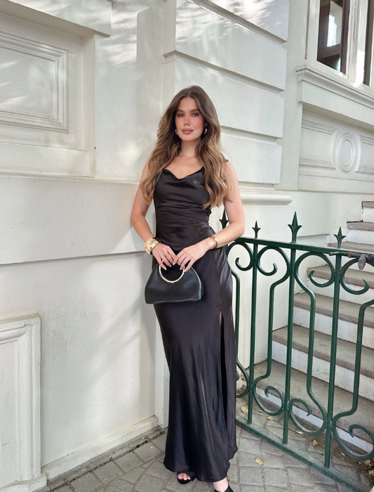 Black Sexy Sheath Spaghetti Straps Satin Prom Dress Outfits DP4928