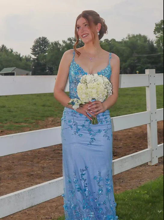 Charming Blue Mermaid Straps Sequin Tulle Prom Dress Evening Dress DP6102