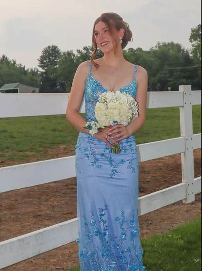 Charming Blue Mermaid Straps Sequin Tulle Prom Dress Evening Dress DP6102