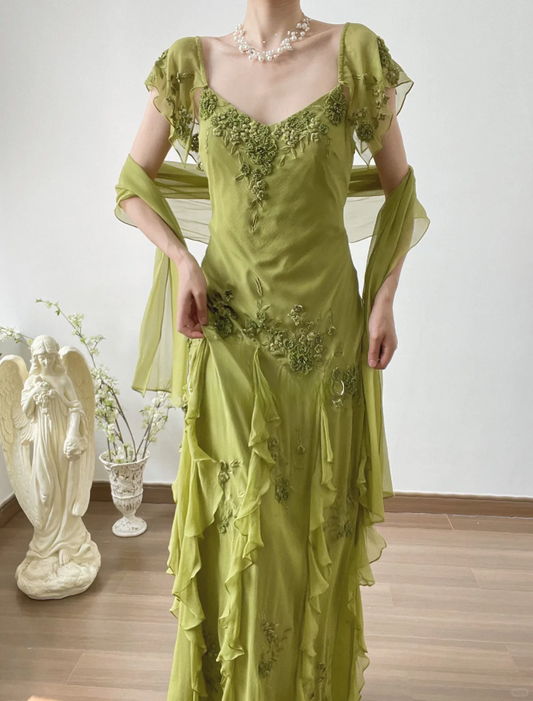 Green Mermaid Strap Retro Appliques Ruffle Chiffon Prom Dress Evening Dress DP3321