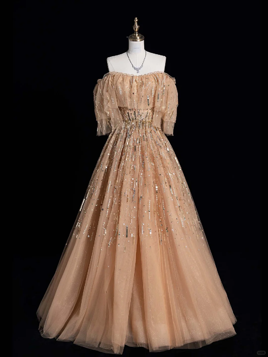 Elegant A Line Off the Shoulder Sequin Champagne Tulle Long Prom Dress Graduation Prom Dress DP2012