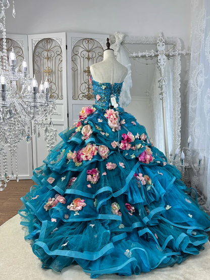 Vintage Blue Ball Gown Strapless 3D Floral Layered Tulle Prom Dress Sweet 16 Dress DP5664