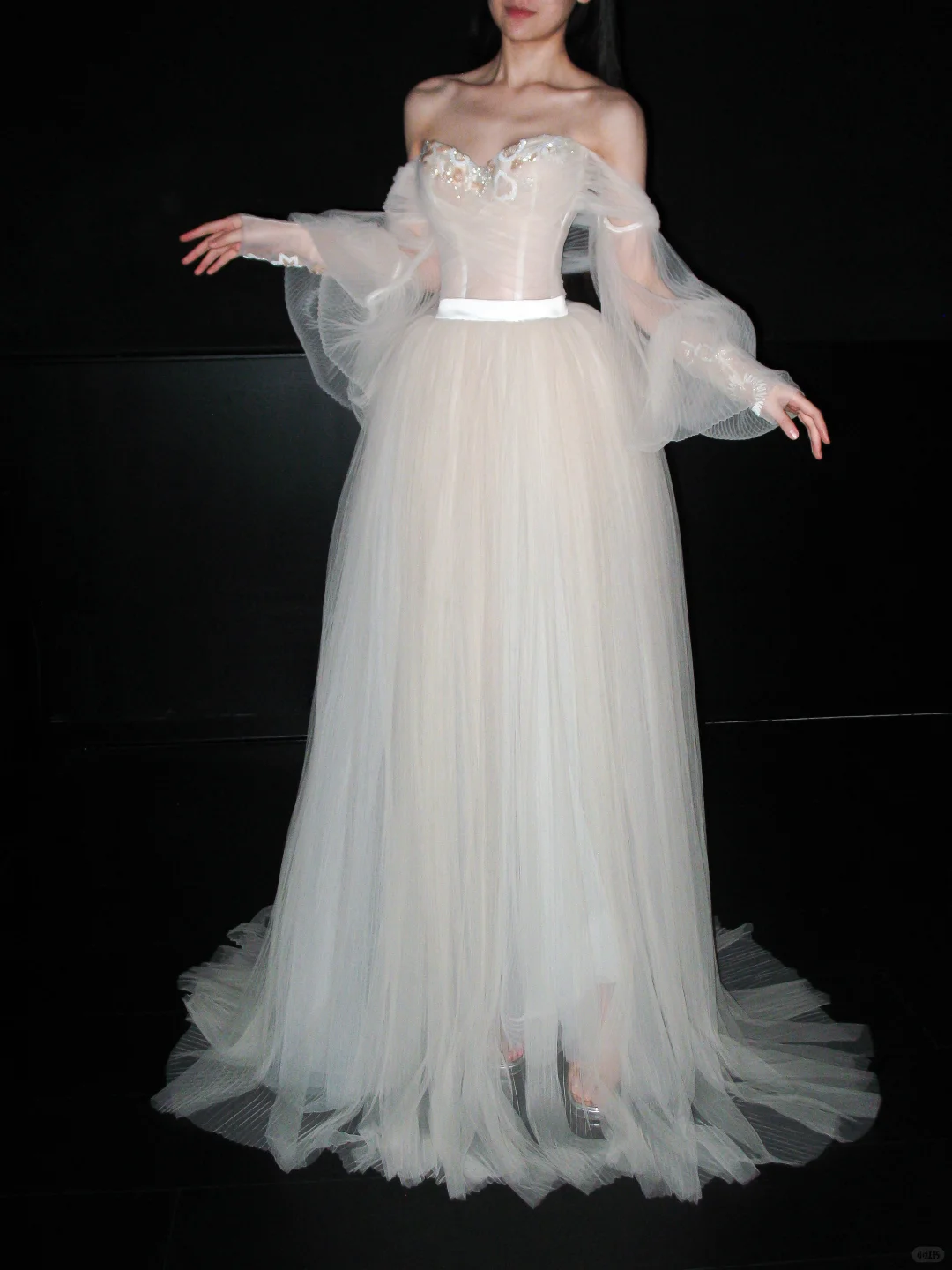 Dreamy A Line Long Sleeve Beaded Tulle Long Prom Dress Wedding Dress DP6364