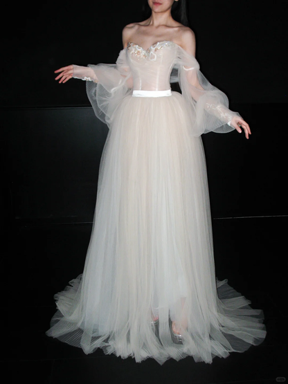 Dreamy A Line Long Sleeve Beaded Tulle Long Prom Dress Wedding Dress DP6364