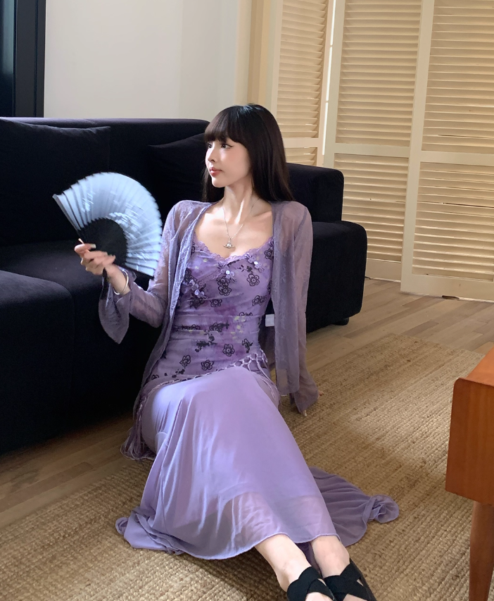 Purple Print Floral Mermaid Spaghetti Straps Chiffon Long Date Dress Party Dress Outfits DP3425