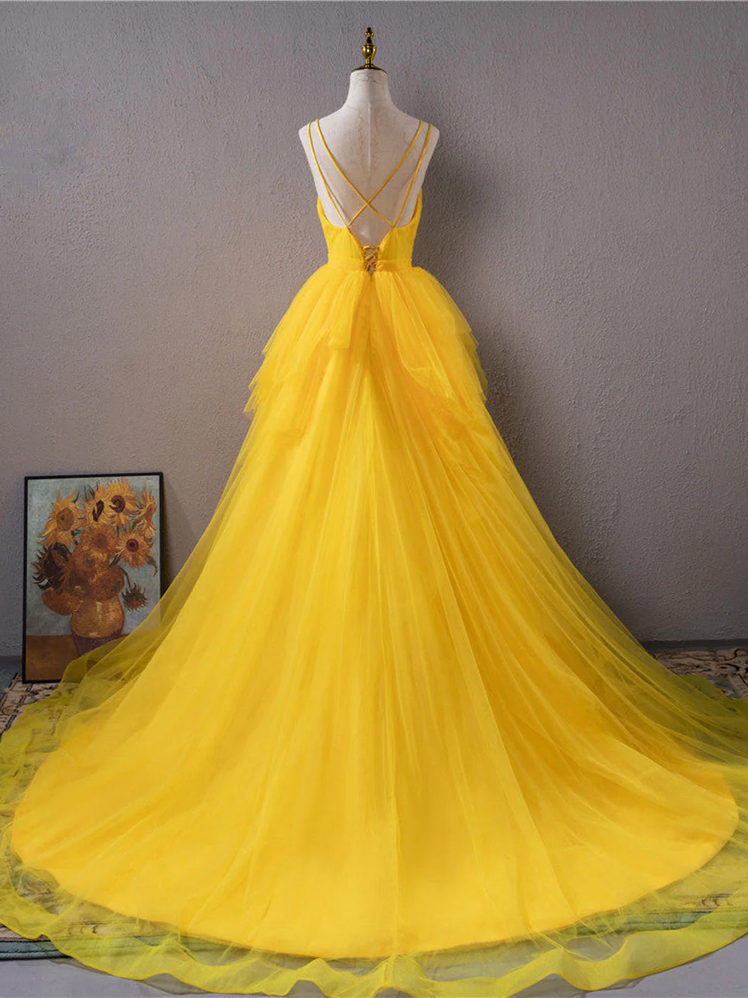 Yellow V Neck Tulle Beaded Long Prom Dress Evening Dress DP640