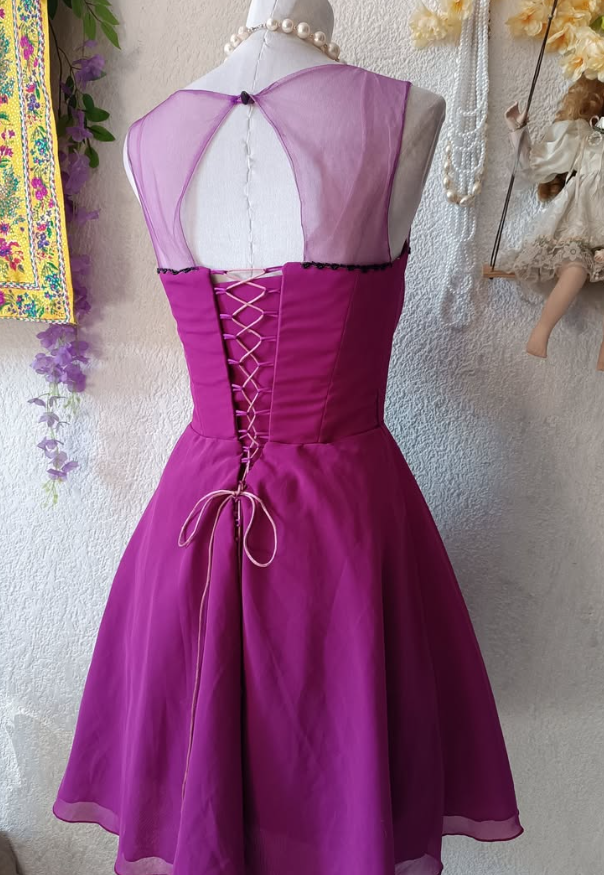 Vintage A Line Round Neck Hot Pink Tulle Satin Short Homecoming Dress Evening Dress DP1634