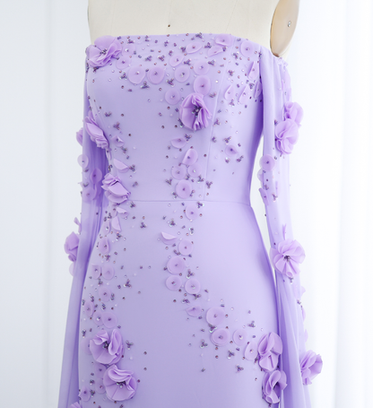 Stunning Lilac A Line Long Sleeve Beaded 3D Flower Chiffon Prom Dress Evening Dress DP1911
