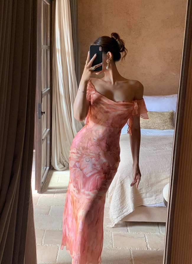 Stunning Sheath Off the Shoulder Print Floral Chiffon Prom Dress Party Dress Outfit DP3532