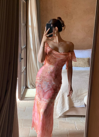 Stunning Sheath Off the Shoulder Print Floral Chiffon Prom Dress Party Dress Outfit DP3532