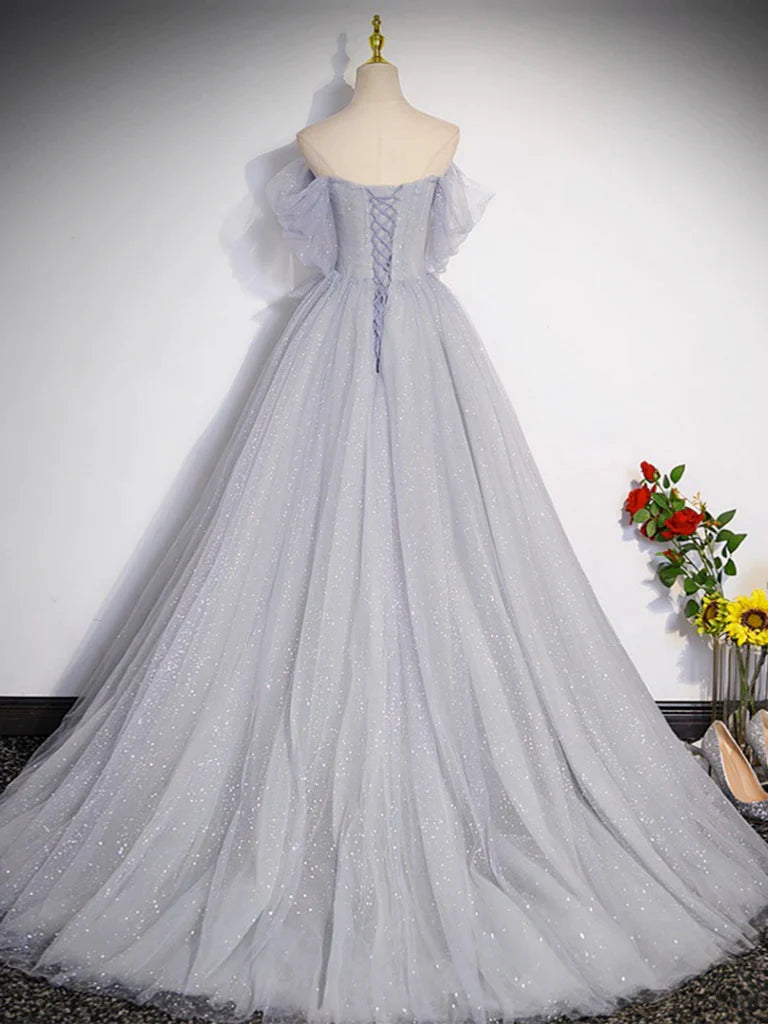A Line Off-the-shoulder Gray Tulle Long Prom Dresses Evening Dresses DP992