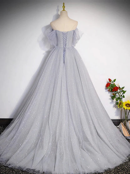 A Line Off-the-shoulder Gray Tulle Long Prom Dresses Evening Dresses DP992