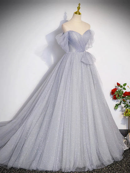 A Line Off-the-shoulder Gray Tulle Long Prom Dresses Evening Dresses DP992