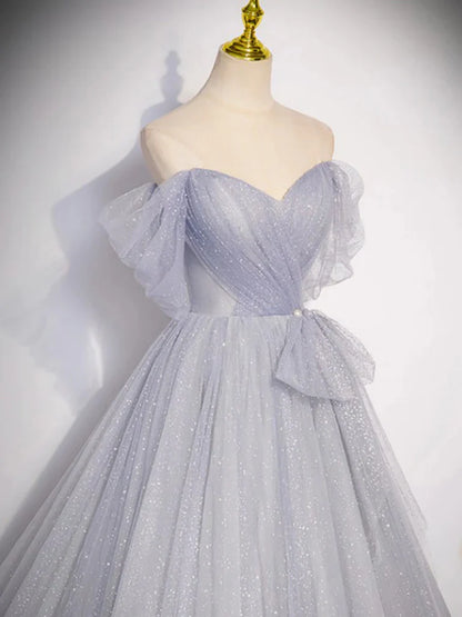 A Line Off-the-shoulder Gray Tulle Long Prom Dresses Evening Dresses DP992