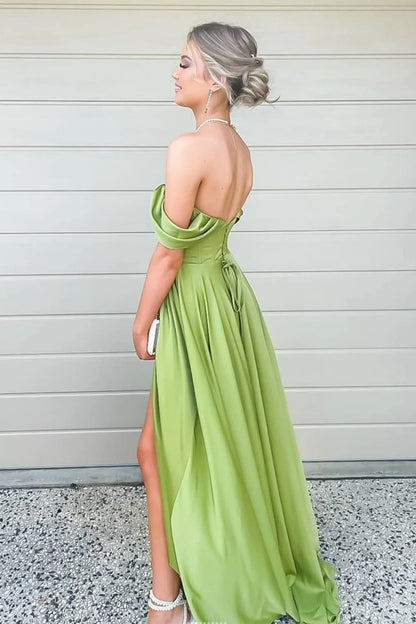 Off Shoulder High Low Green Satin Long Prom Dresses Evening Dresses DP1066