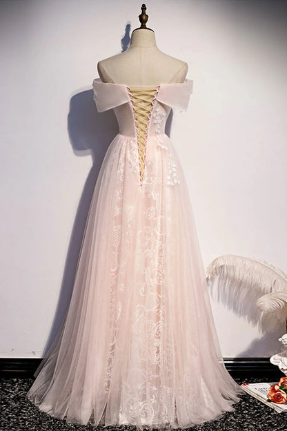 A Line Off the Shoulder Pink Appliques Tulle Long Prom Dresses Evening Dresses DP1101