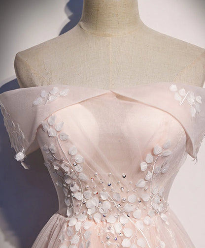 A Line Off the Shoulder Pink Appliques Tulle Long Prom Dresses Evening Dresses DP1101