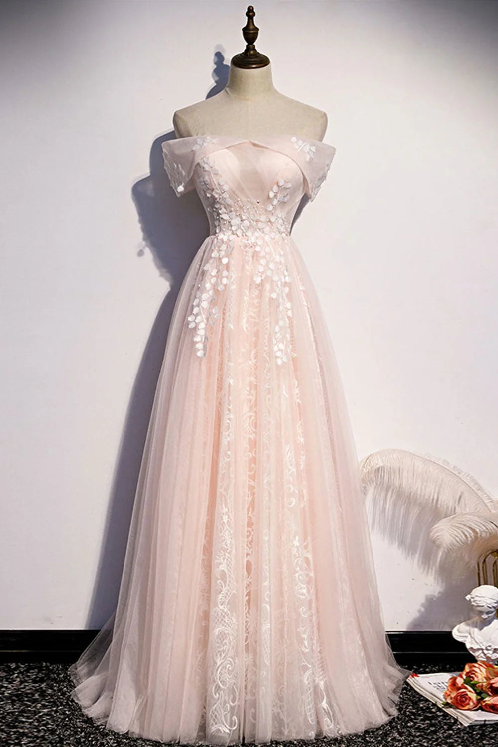 A Line Off the Shoulder Pink Appliques Tulle Long Prom Dresses Evening Dresses DP1101