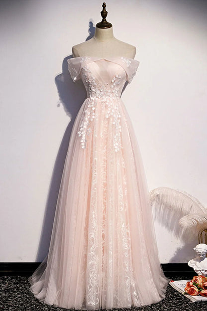 A Line Off the Shoulder Pink Appliques Tulle Long Prom Dresses Evening Dresses DP1101